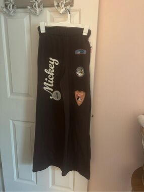 Disney Brown Sweatpants with White Mickey Script and Multicolor Patches
